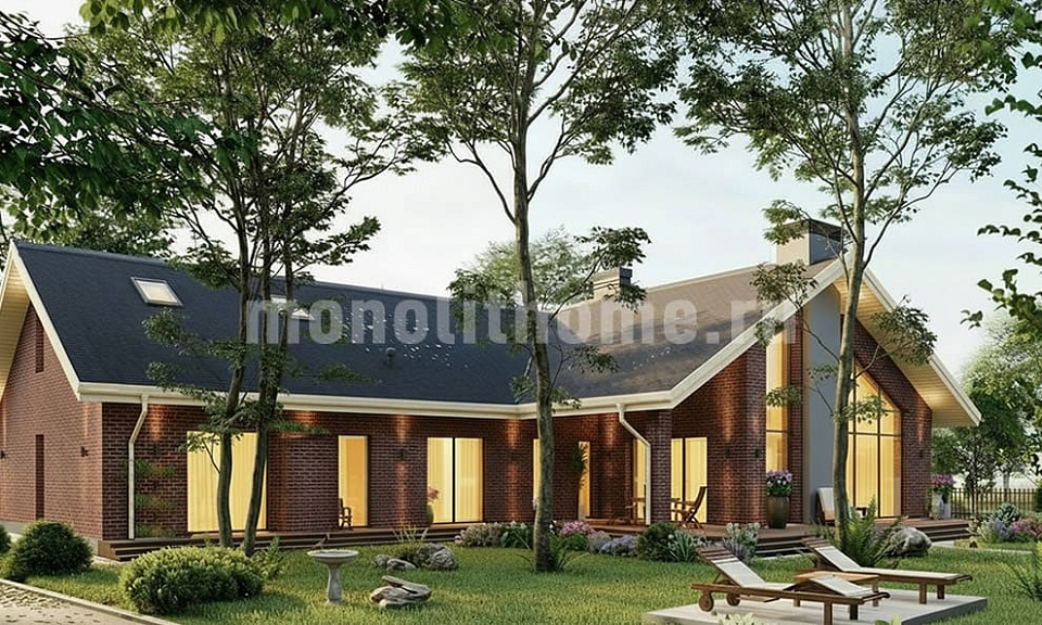 Дом из поризованного кирпича Пространство 2 одноэтажный с мансардой 15х15