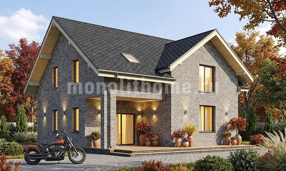 Дом из поризованного кирпича Равен 2 одноэтажный с мансардой 14х14