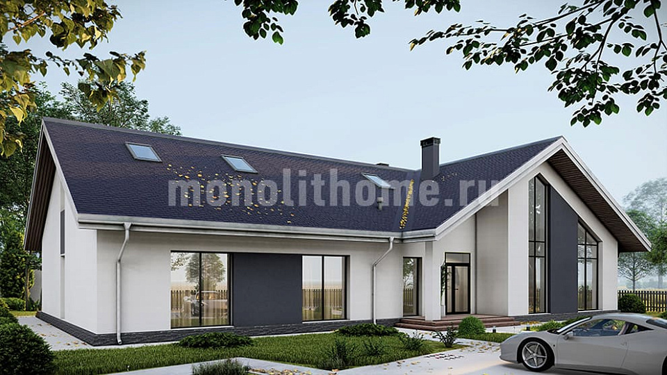 Дом из газобетона Авангард 2 одноэтажный с мансардой 15х15