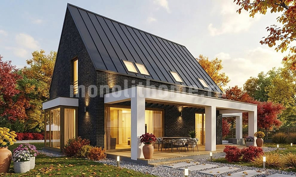 Дом из поризованного кирпича Сильвар 2 одноэтажный с мансардой 9x12