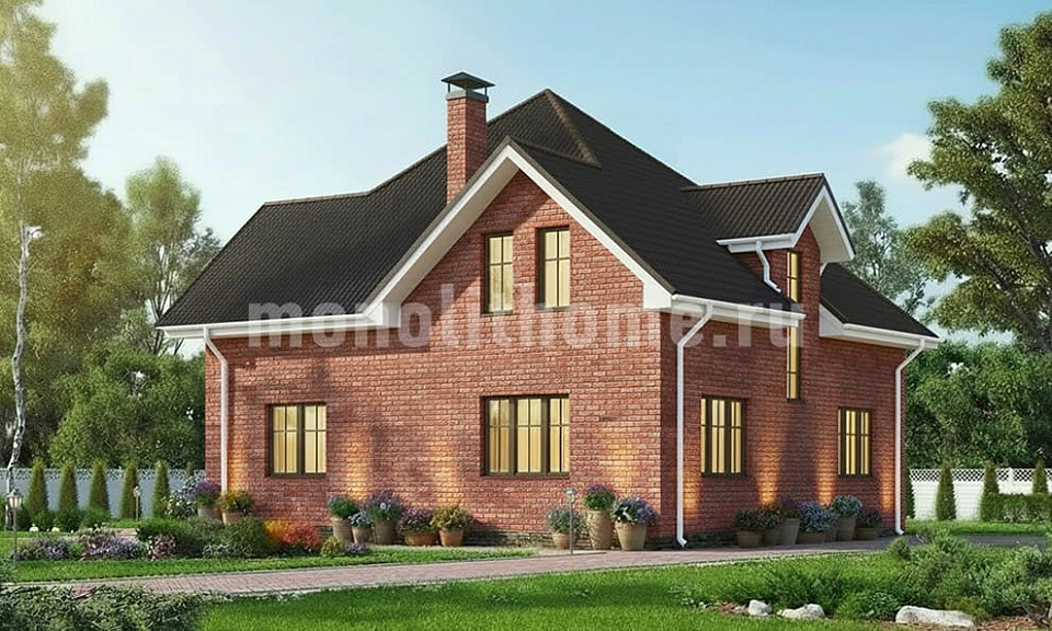 Дом из поризованного кирпича Монолит 2 одноэтажный с мансардой 12х12